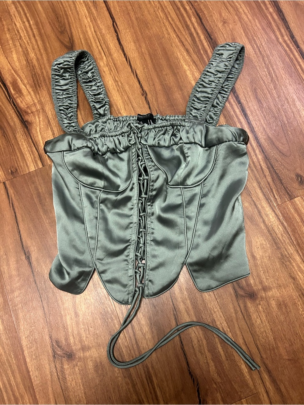 Women’s Bustier Turtle Green Satin Lace Corset S NWT Forever 21 Ruched Straps